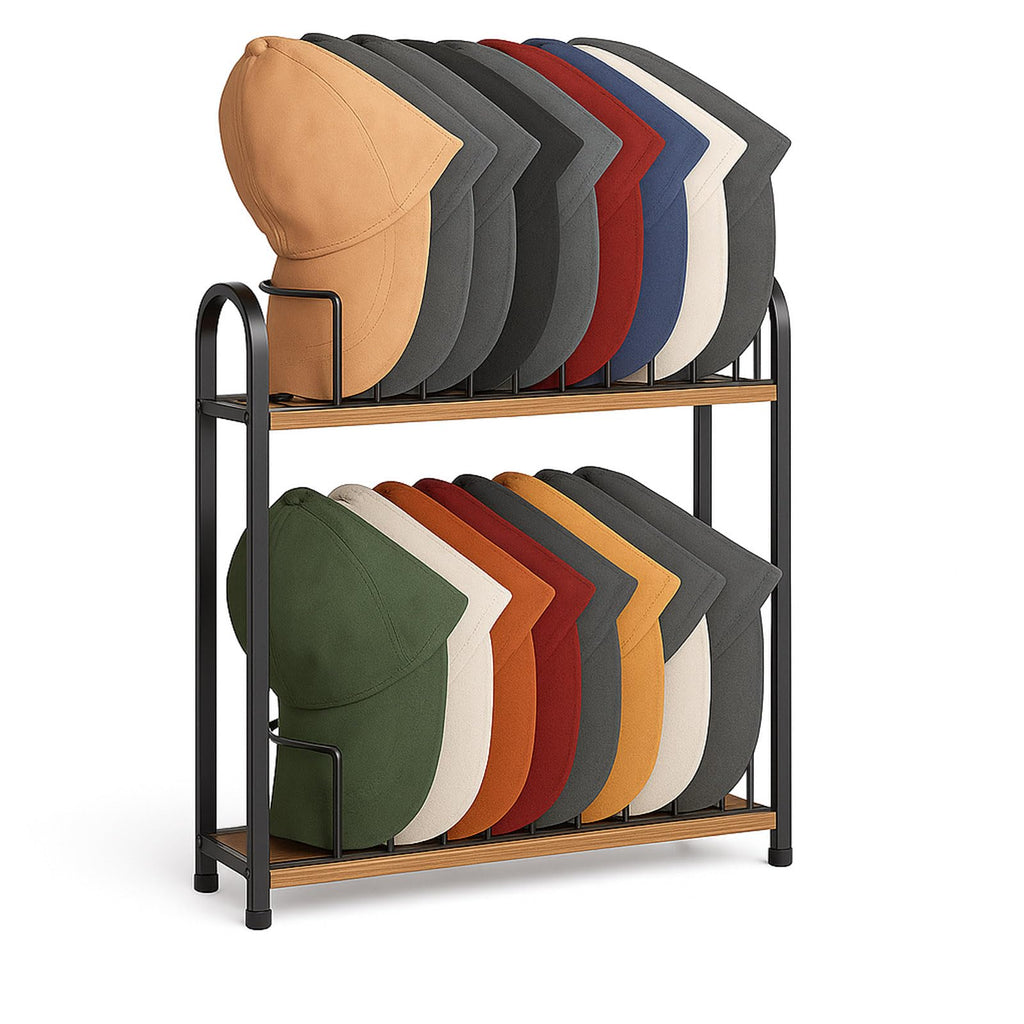 SWTYMIKI Hat Stand for Baseball Caps - 2 Tier Wood & Metal Removable Tabletop Hat Organizer Storage Display Rack, Holds up to 20 Caps for Desk, Closet Shelf, Dresser (Black)