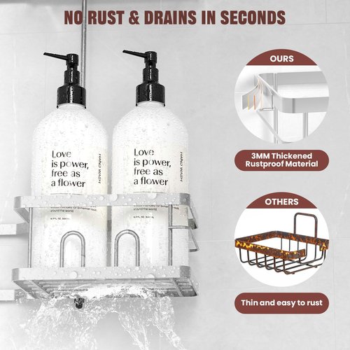 REINHARDT Adjustable Shower Caddy Hanging Rustproof Shower Caddy for Handheld Showerheads, Shower Organizer with Hooks Soap Holder, Anti-Swing Shower Rack Bathroom Accessories, Silver