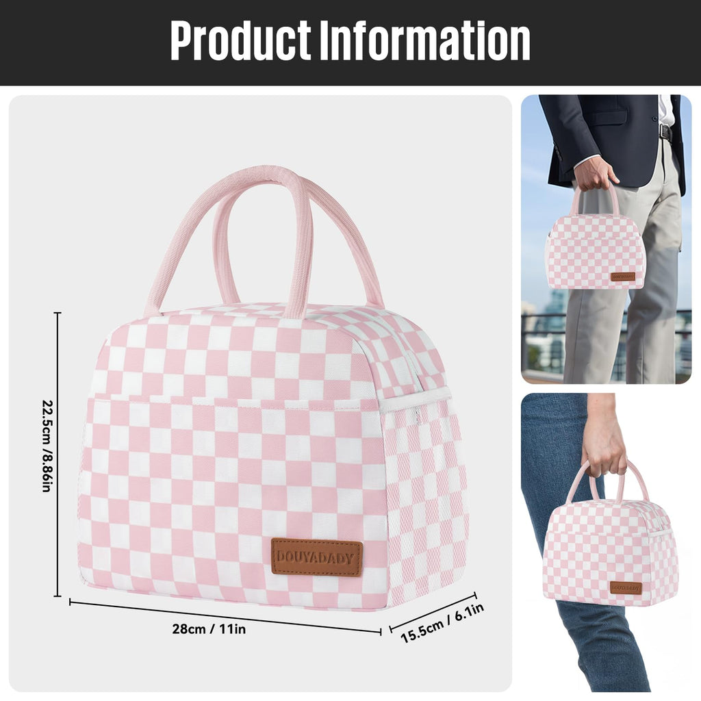douyadady Lunch Bag Women/Men Lunch Box Women/Men (Pink+White Checkerboard)