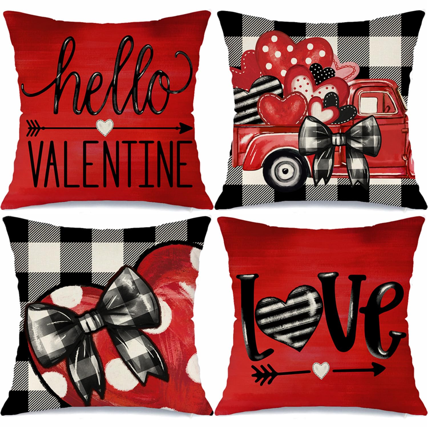 MODOVOS Valentine's Day Buffalo Plaid Bow Truck Throw Pillow Covers 18x18 Set of 4 Polka Dots Valentine Heart Wedding Cushion Case Decoration for Sofa Couch