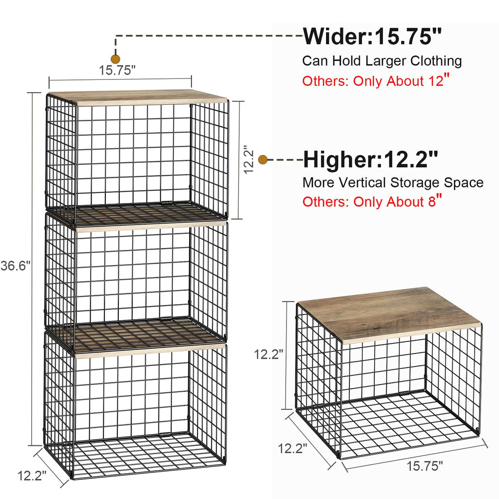 Widened & Heightened Closet Organizers And Storage Shelves With Top Board, Set of 3 Stackable Closet Shelf Organizer Storage Bin Basket For Clothes Sweaters,Space-saving, Sturdy,Wider Higher Size