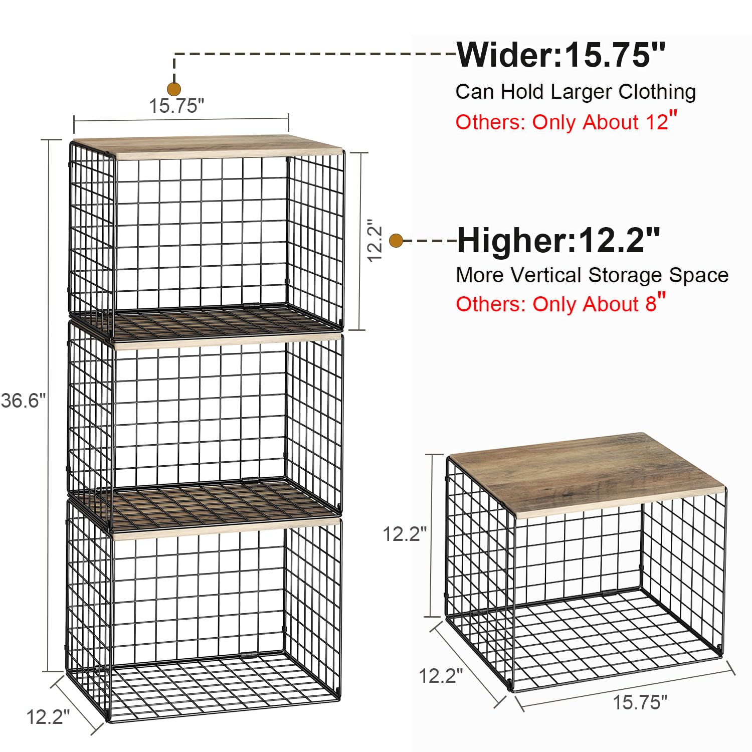 Widened & Heightened Closet Organizers And Storage Shelves With Top Board, Set of 3 Stackable Closet Shelf Organizer Storage Bin Basket For Clothes Sweaters,Space-saving, Sturdy,Wider Higher Size