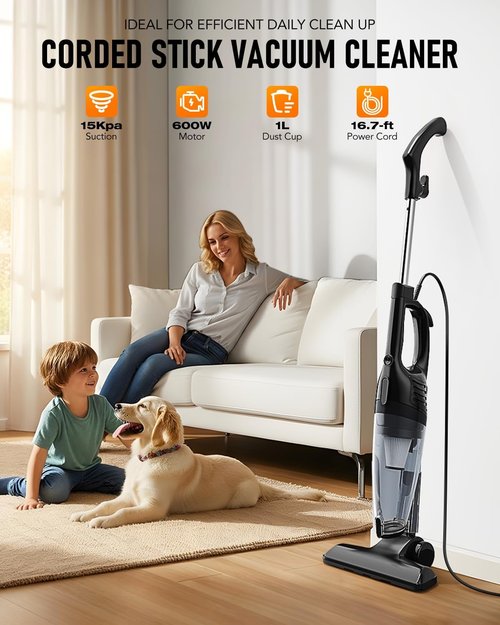 Avvnee Corded Stick Vacuum Cleaner - 15000Pa Suction Power, Ultra-Lightweight 3lbs, Ideal for Pet Hair & Hard Floors, Black