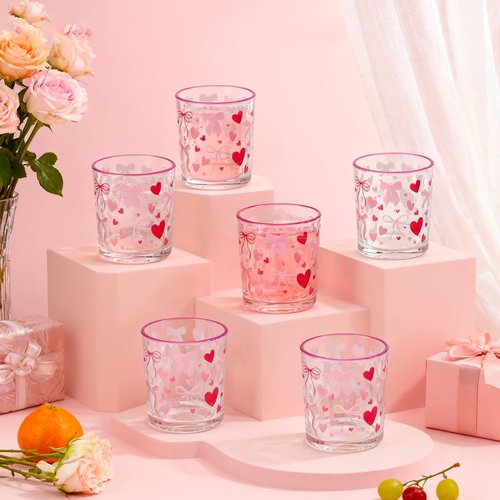 Ferrochef 6 Pcs Valentines Heart Glasses Drinkware Valentines Day Icon Juice Glasses 11oz Galentines Day Pink Bow Cup for Party Gift Hot and Cold Beverages Women Friend