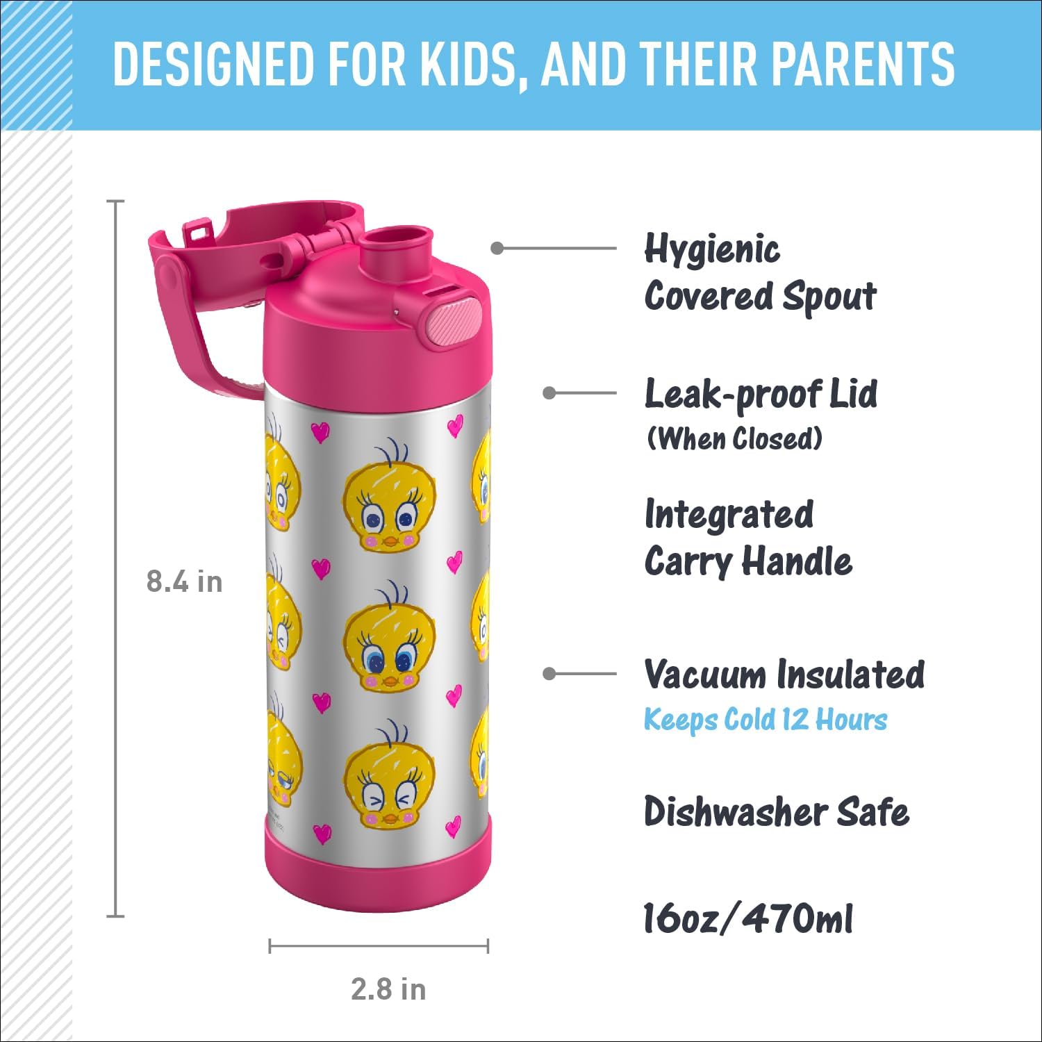 THERMOS FUNTAINER 16 Ounce Stainless Steel Vacuum Insulated Bottle - Wide Spout Lid | Looney Tunes Design