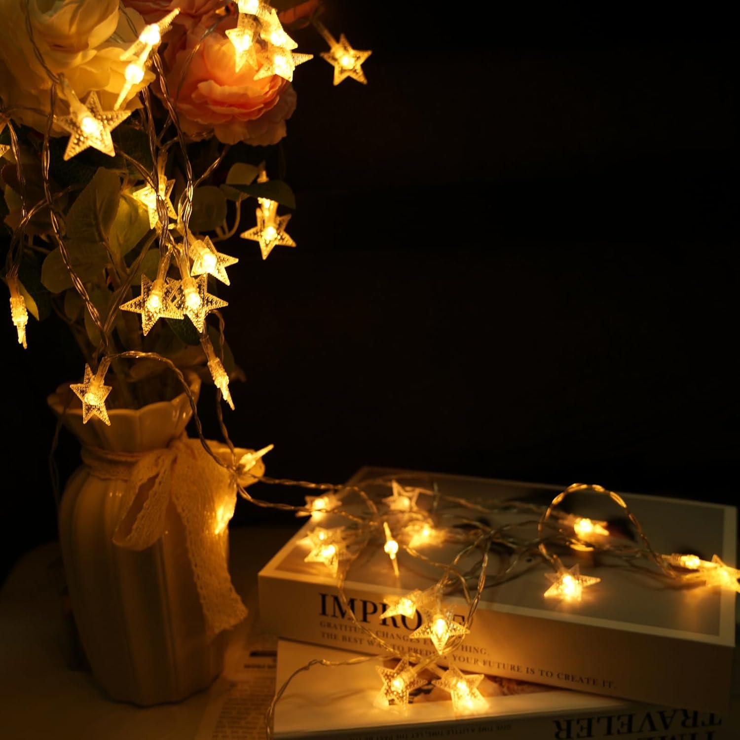 Star String Lights - 50 LED Twinkle Lights | 17 ft Battery Operated Fairy Lights for Kids' Bedroom, Wedding, Patio Decor - Warm White