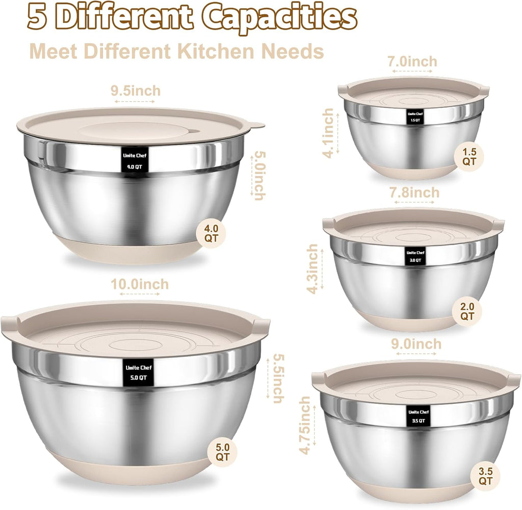 Umite Chef Mixing Bowls Set - 8PCS Stainless Steel Nesting Bowls with Airtight Lids & Grater | Non-Slip Bottoms, Khaki, 1.5QT to 5QT
