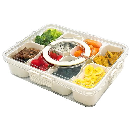 RKXQT Snackle Box Container,Divided Snack Serving Tray with Lid and Handle,Portable Snack Box for Veggie,Fruit,Candy,Nuts,Salad Serving Platter - Ideal for Picnic,Party,Travel,White,1Pack