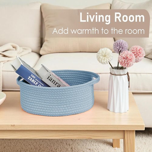 JMvicyroam Woven Storage Baskets - Small Rope Bins with Handles for Organizing Shelves | Blue, 2-Pack