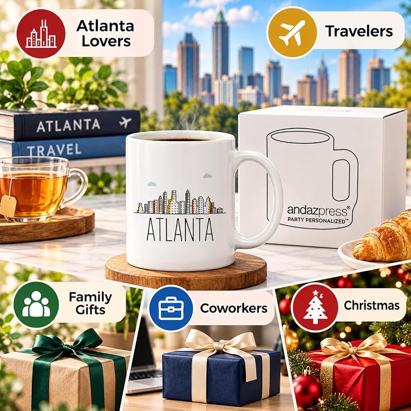 Atlanta 11oz Ceramic Coffee Mug with Gift Box – Colorful City Skyline, Andaz Press