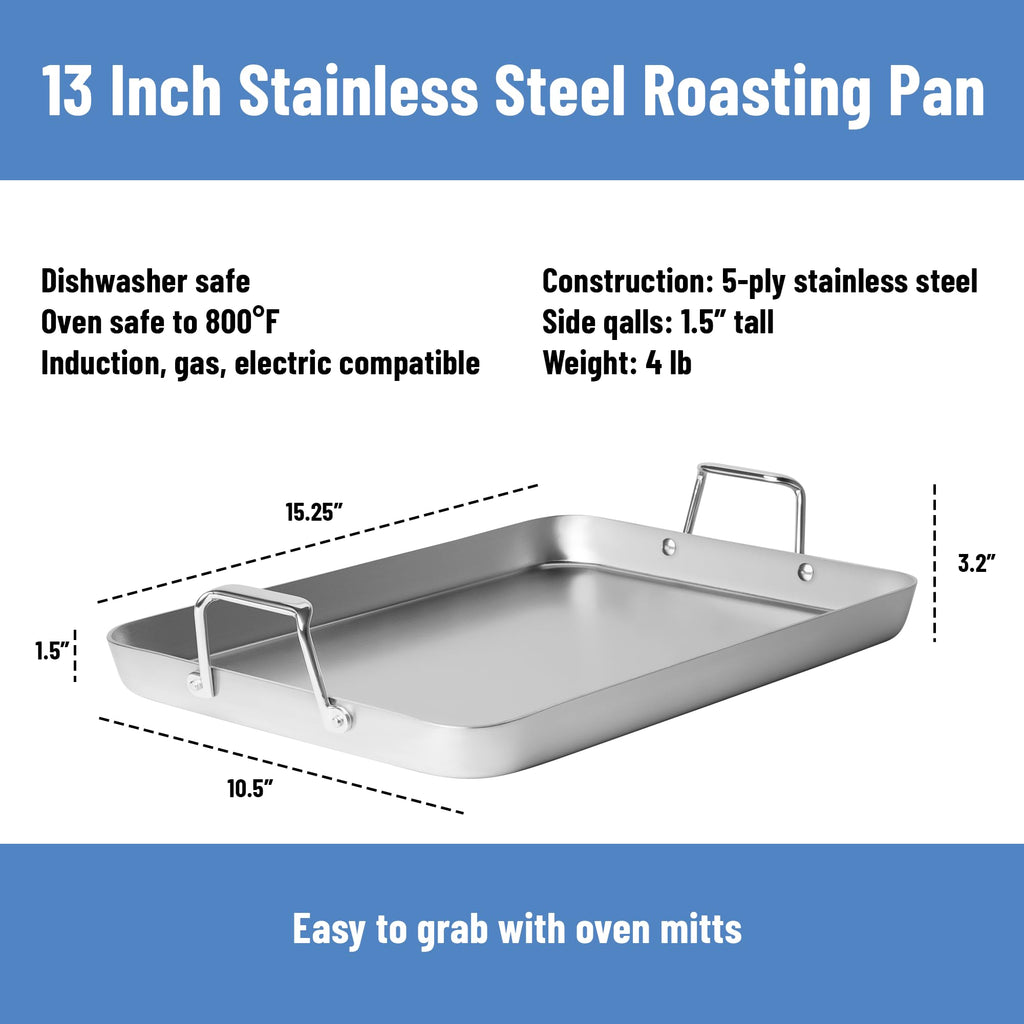 Misen Stainless Steel Roasting Pan with Handles - Versatile 5-Ply Design, Easy Grip Handles, Multi-Functional Cooking, Ideal for Baking, Searing, & Roasting, Superior Heat Conduction, Premium - 9"