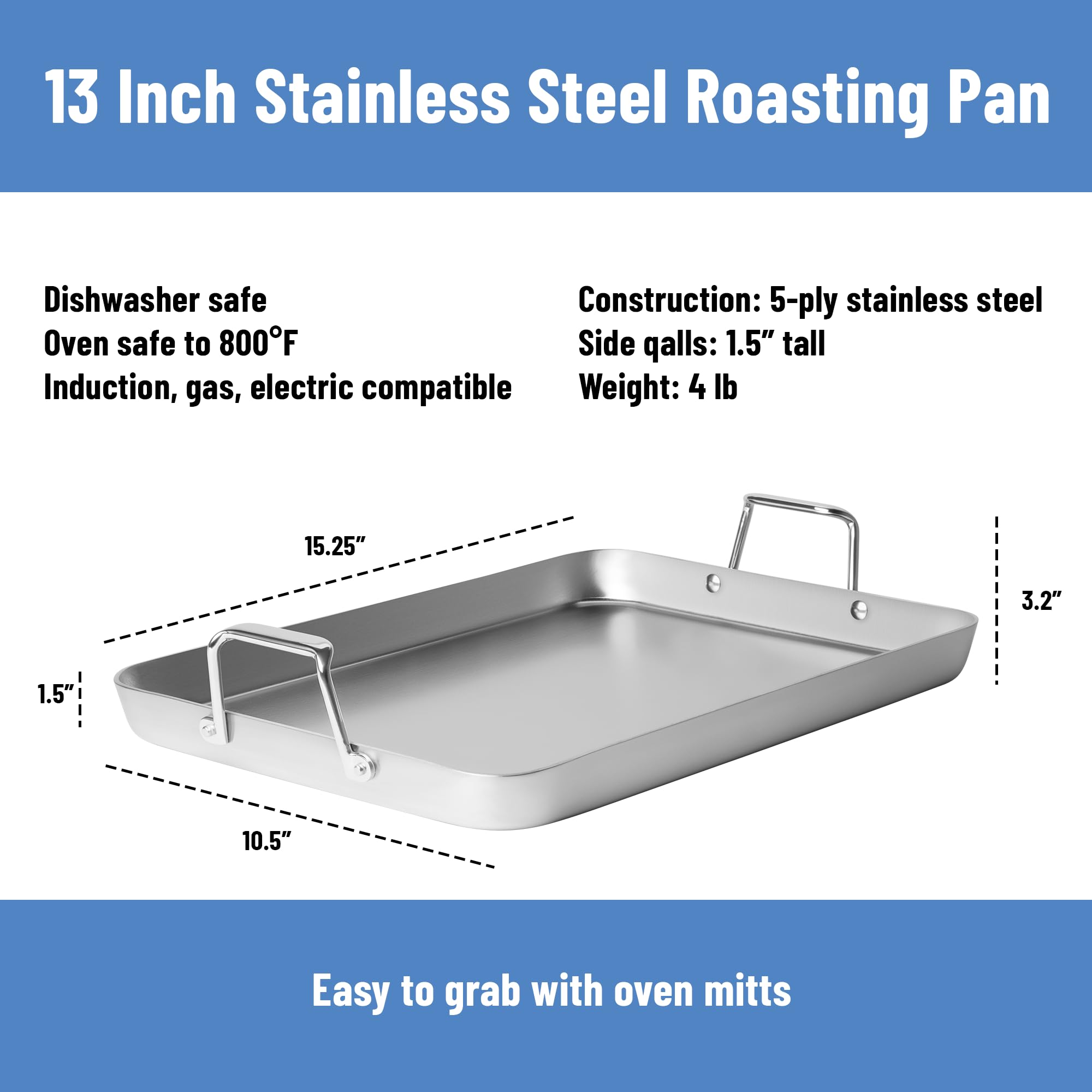 Misen Stainless Steel Roasting Pan with Handles - Versatile 5-Ply Design, Easy Grip Handles, Multi-Functional Cooking, Ideal for Baking, Searing, & Roasting, Superior Heat Conduction, Premium - 9"