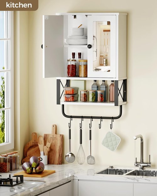 BEWISHOME Medicine Cabinet, Bathroom Wall Cabinet with Mirror, Wall Mounted Over The Toilet Storage Cabinet with Towel Bar and Adjustable Shelf, for Bathroom, 7.1" D x 15.4" W x 24.4" H, White YYG10W