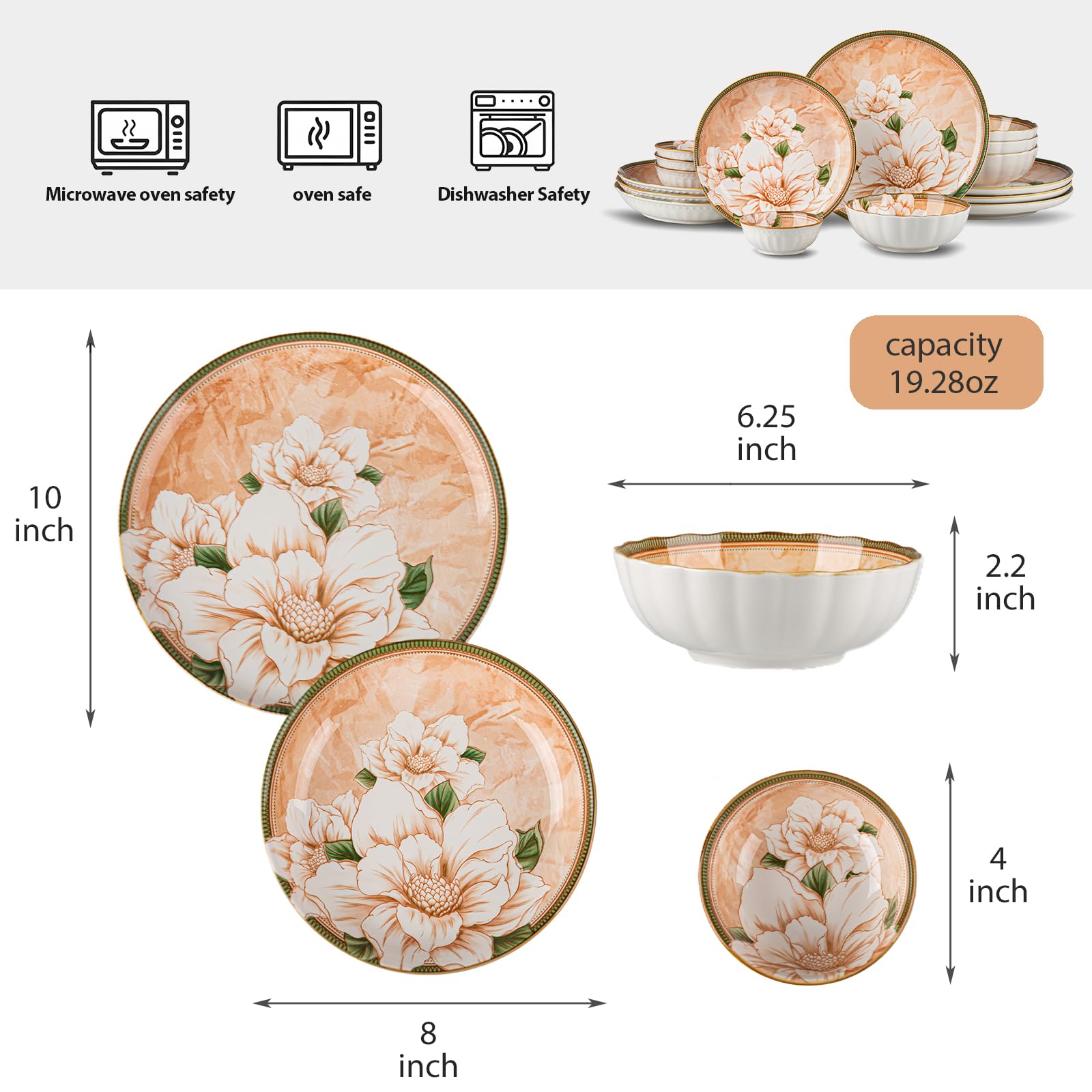 FANGJING 16-Piece Dinnerware Set for 4, Ceramic Plates and Bowls Sets, Microwave & Dishwasher Safe Dish Sets for Daily Use & Gifting, with Vintage Camellia Floral Pattern