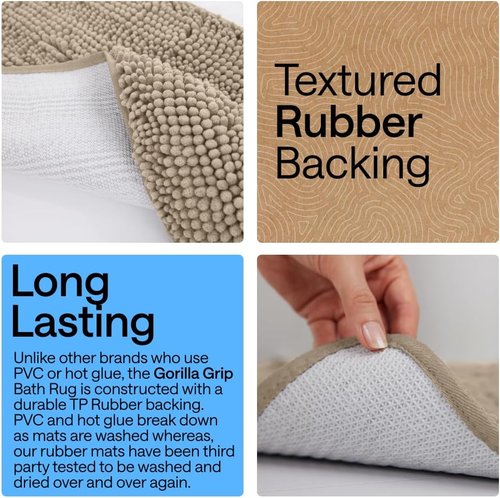 GORILLA GRIP Bath Rug Mat - Thick Soft Absorbent Chenille | Quick Dry Microfiber, 24x17, Gray Beige