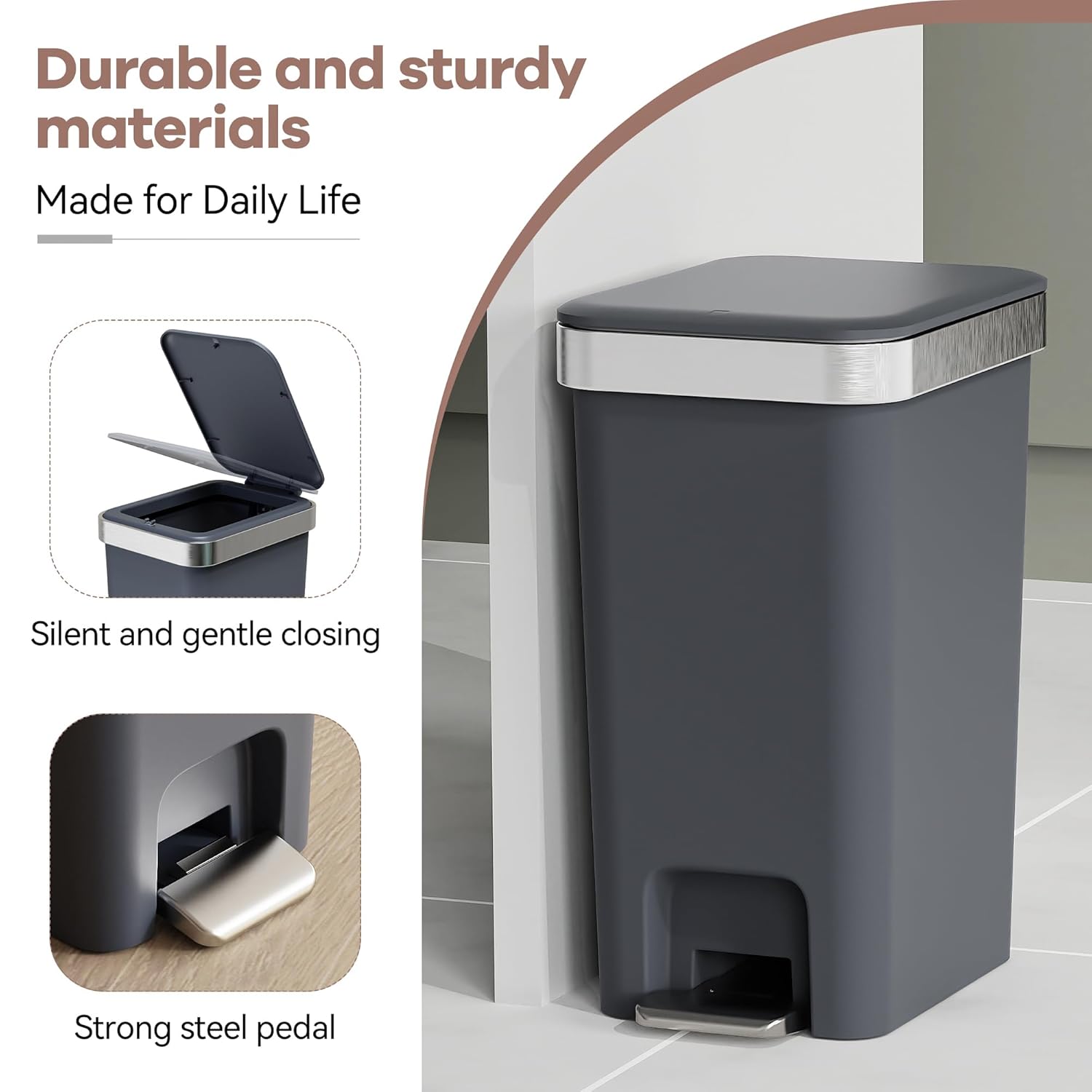 Regine Switzerland Slim Bathroom Trash Can - Soft Close Lid, 10L/2.6 Gallon, Modern Dark Gray Waste Basket