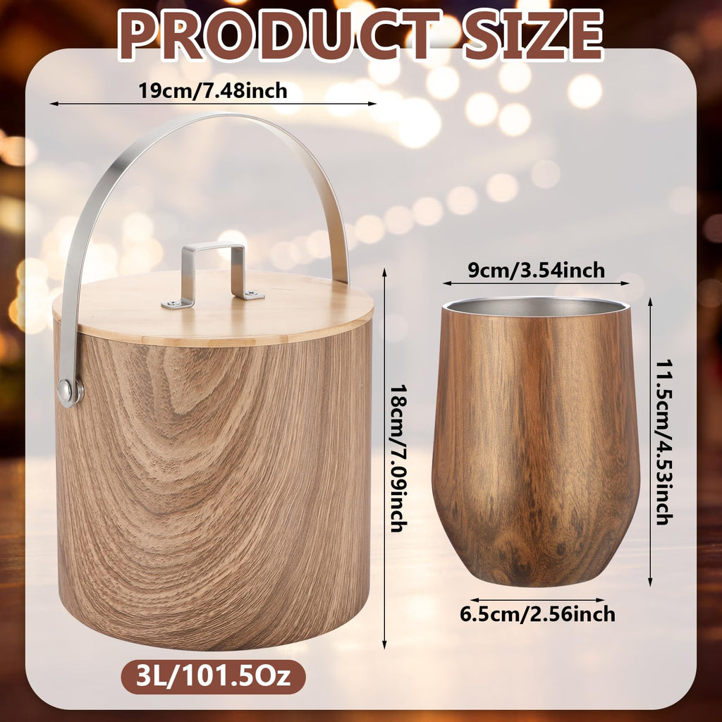 Meekoo Stainless Steel Ice Bucket for Parties,3L Double-wall Vacuum Insulated Ice Bucket with Lid, Scoop, Tong, and 4 Wood Texture Cups for Champagne, Cocktail, Home Barware, Bar, Outdoor Supplies
