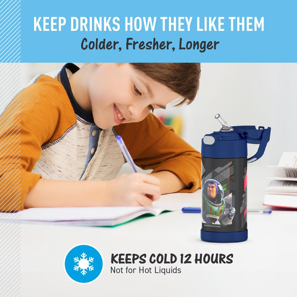 THERMOS FUNTAINER Water Bottle - 12 Ounce Kids Stainless Steel Vacuum Insulated with Straw | Lightyear Design