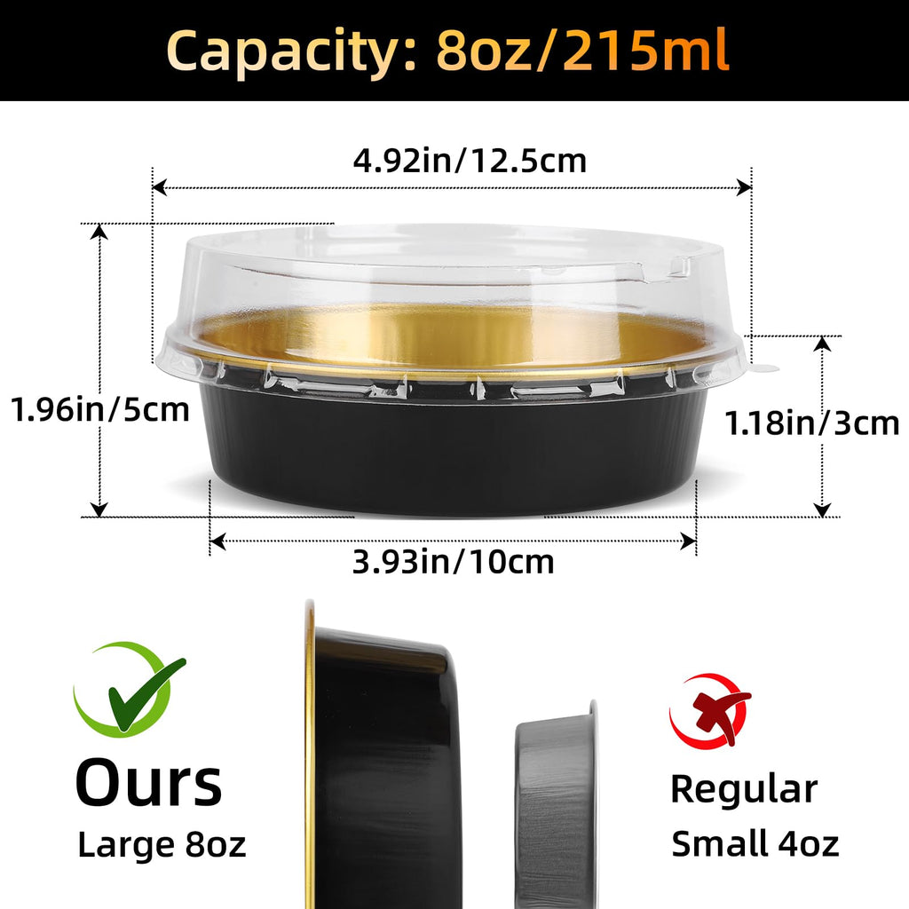 Beasea Disposable Creme Brulee Ramekins with Lids, 120 Pack 4 Inch 8oz Mini Pie Tins Black Gold Mini Small Aluminum Foil Pie Tart Cake Baking Pans Individual Round Containers Oven Safe for Baking