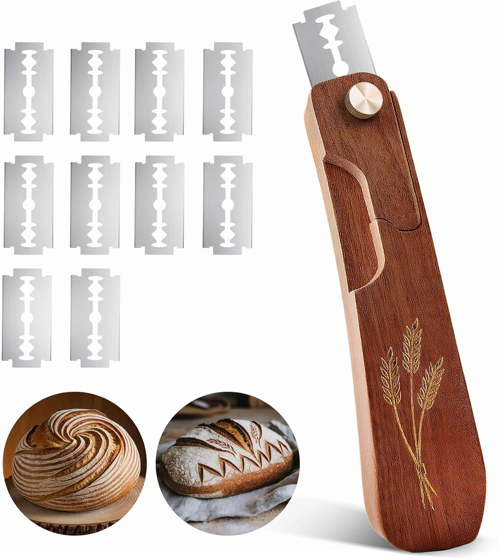 Skiennix Wooden Bread Lame - Handcrafted Dough Scoring Tool for Sourdough Baking | Includes 10 Razor Blades