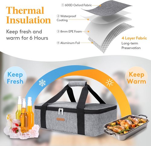 LUNCIA Insulated Casserole Carrier - Keeps Food Hot or Cold | Thermal Lunch Bag for Potlucks, Grey, Fits 9" x 13" Dish