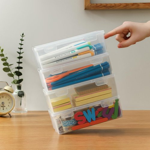 Swuj 8-Pack Clear Pencil Cases and Pencil Boxes, Stackable Plastic Pencil Box with Snap Lid, Large Capacity for Markers and Art Supplies for School, Office and Desk Organization – Rectangular Large