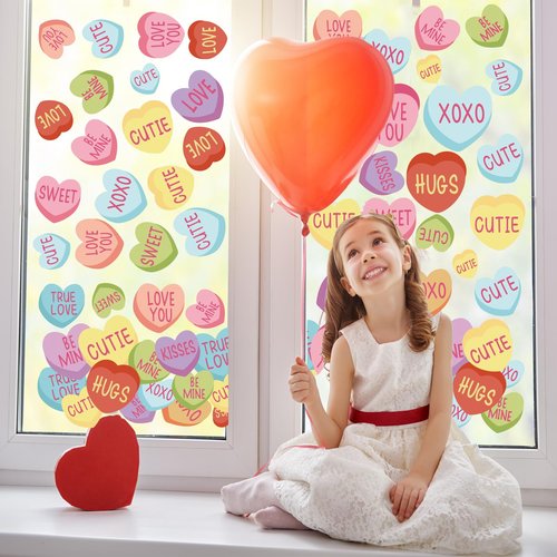 6 Sheets Valentine's Day Window Clings Conversation Heart Window Decals Colorful Candy Love Hearts Double-Sided Reusable for Home Decor Wedding Anniversary Party Supplies