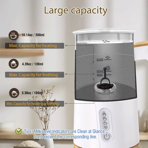 Electric Milk Frother and Steamer, 4-in-1 Milk Steamer with Wood Elements Design, Automatic Hot & Cold Foam Maker for Latte, Cappuccinos, Macchiato, Milk Warmer, Black (white)