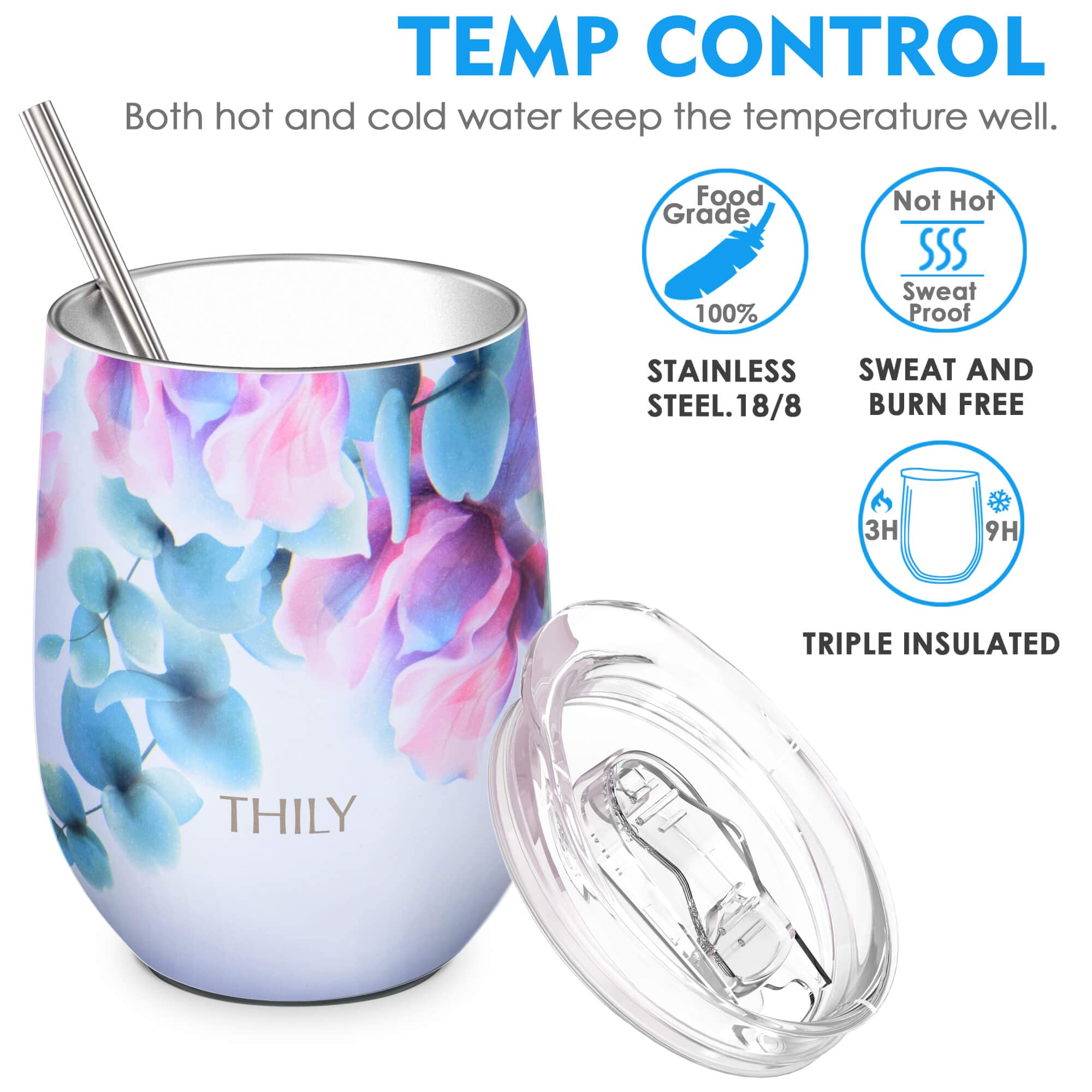 THILY Stainless Steel Stemless Wine Tumbler 4 Pack Vacuum Insulated Travel Wine Glasses with Sliding Lids and Straws, 12 oz, Keep Cold for Juice, Coffee, Beer, Flower Series