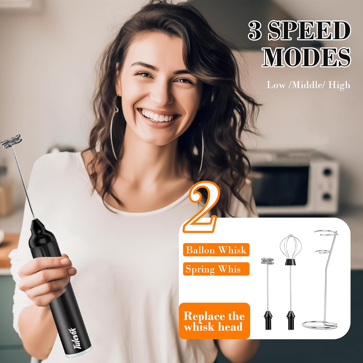 Milk Frother Handheld - Electric Coffee Frother Wand with USB Rechargeable 3 Speeds | Mini Black Frother for Lattes, Cappuccinos, and More