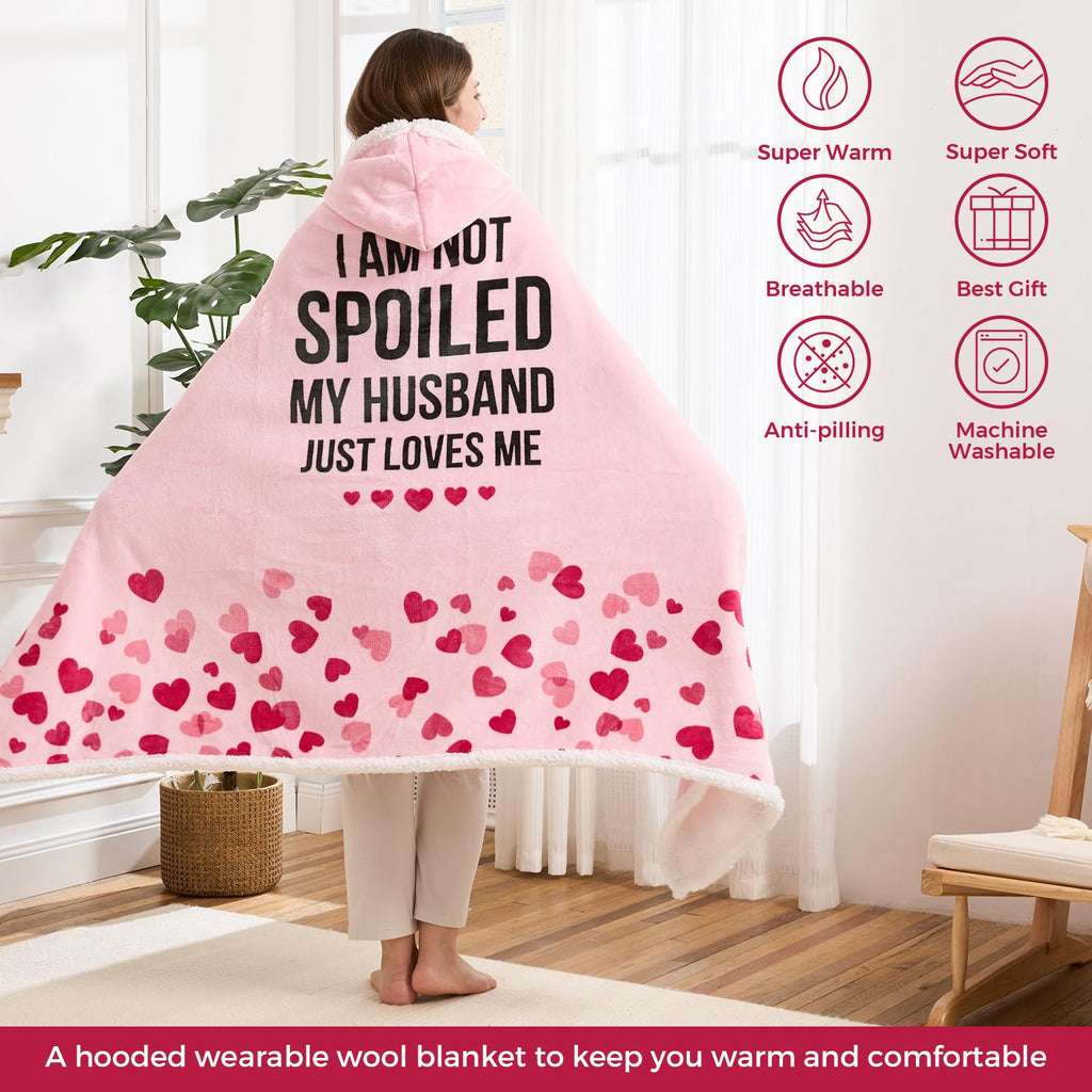 Spoiled Wife Wearable Blanket Hoodie, Valentines Day Gifts for Her Wife Women From Husband, Mothers Day Birthday Anniversary Day Gift Ideas, Throw Blanket for Women Shawl Wraps Poncho Robe, Pink
