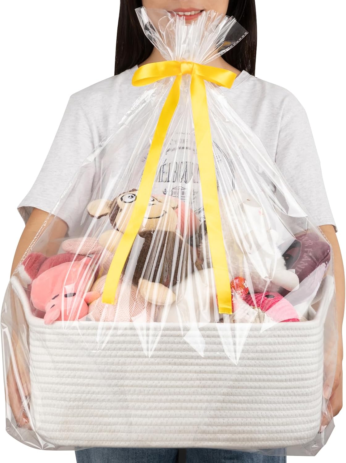 OIAHOMY Woven Storage Basket - 19L Gift Basket with Handles for Baby Showers & Nursery - White