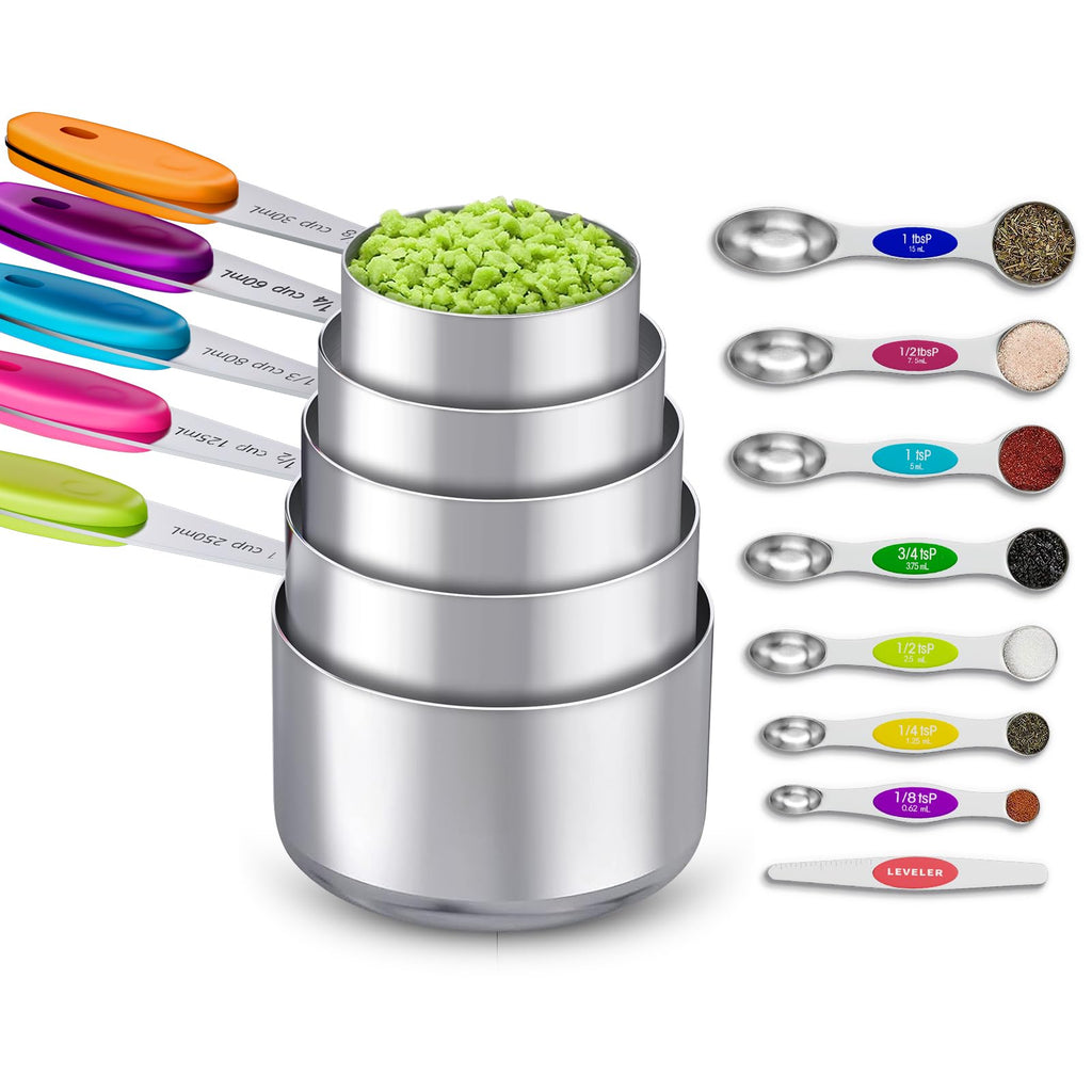 13-Piece Measuring Cups and Magnetic Spoons Set, 5 Stainless Steel Measuring Cups, 7 Double-Sided Magnetic Measuring Spoons & 1 Leveler for Cooking and Baking (5+7+1)