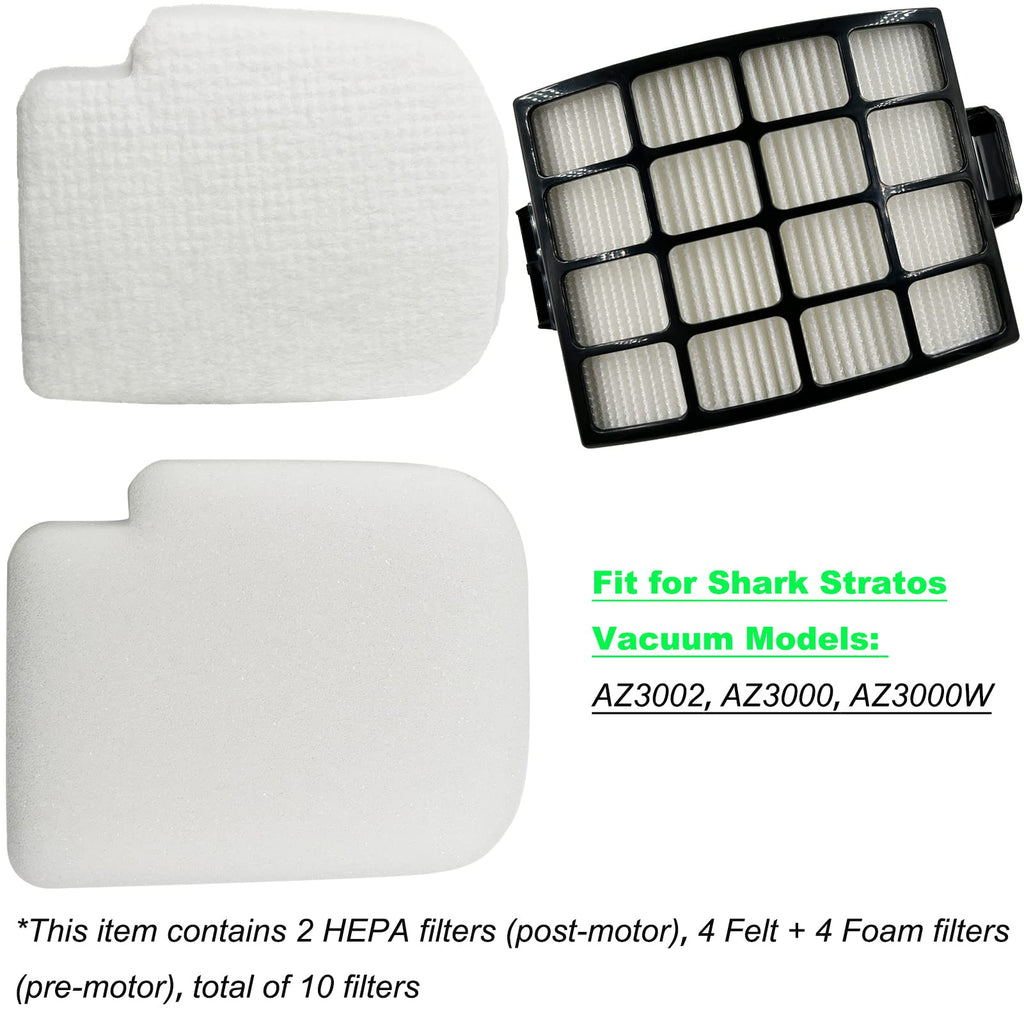 Dttery AZ3002 Filter Kit Replacement for Shark Stratos DuoClean PowerFins HairPro Powered Lift-Away Upright Vacuum Cleaner AZ3002 AZ3000 AZ3000W, 4 Foam, 4 Felt, 2 HEPA