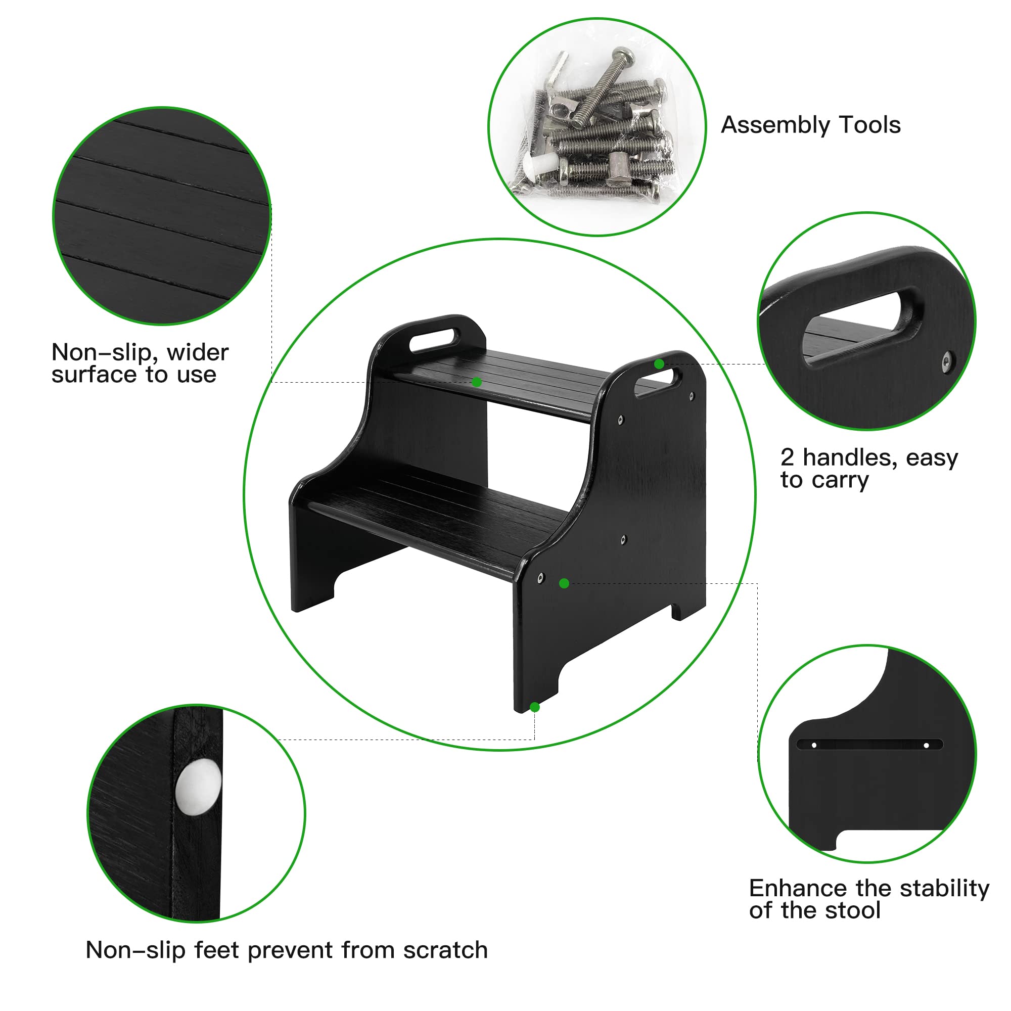 VaeFae Bamboo 2 Step Stool with Non-Slip Step Treads and 2 Cutout Handles (Black)
