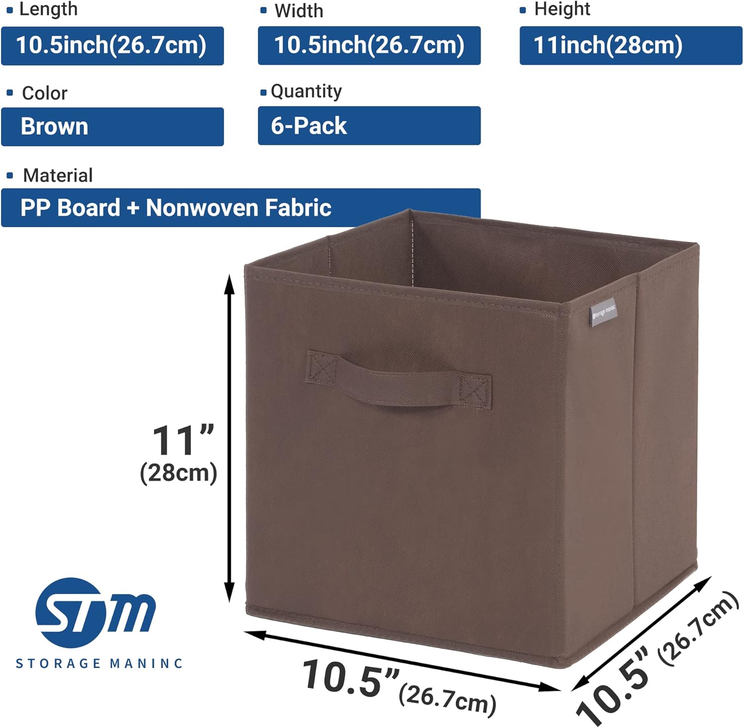 Storage Maniac Collapsible Storage Cubes - 11 Inch Fabric Bins with Handles | 6 Pack for Organized Spaces - Brown