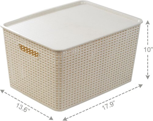 BINO Plastic Storage Baskets with Lids - 33 Liter | 3 Pack Natural | Woven Organizing Bins for Shelves