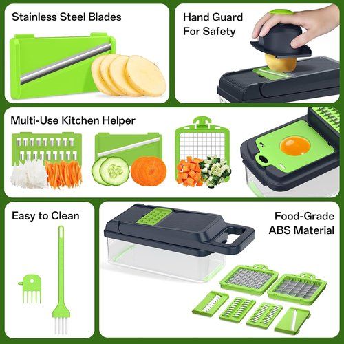 HomeHacks Vegetable Chopper - 12-in-1 Multi-Functional Kitchen Gadget with Handle | Green Dicer, Slicer & Grater
