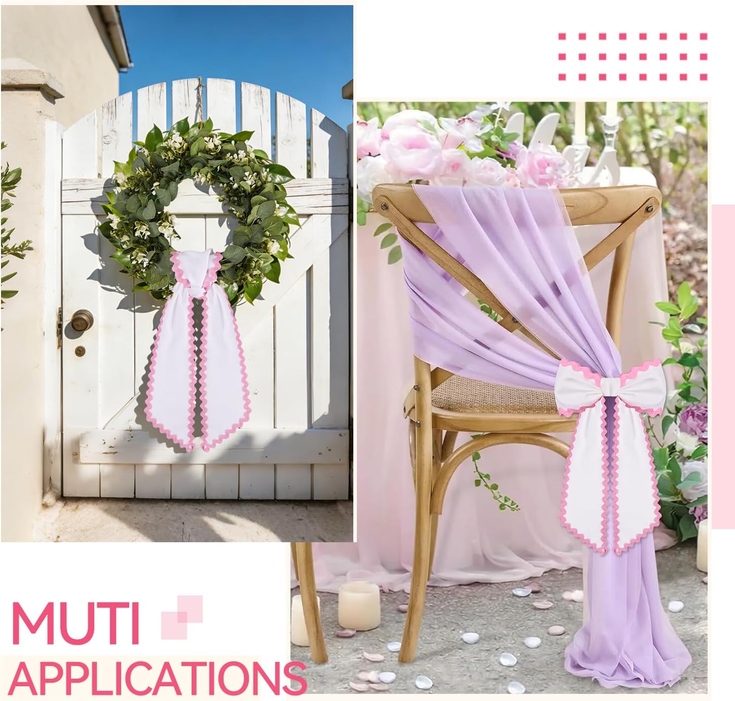 Skiennix Scalloped Wreath Sash - Elegant Ruffle Ribbon Bow for Front Door Decor | White & Pink Set of 2