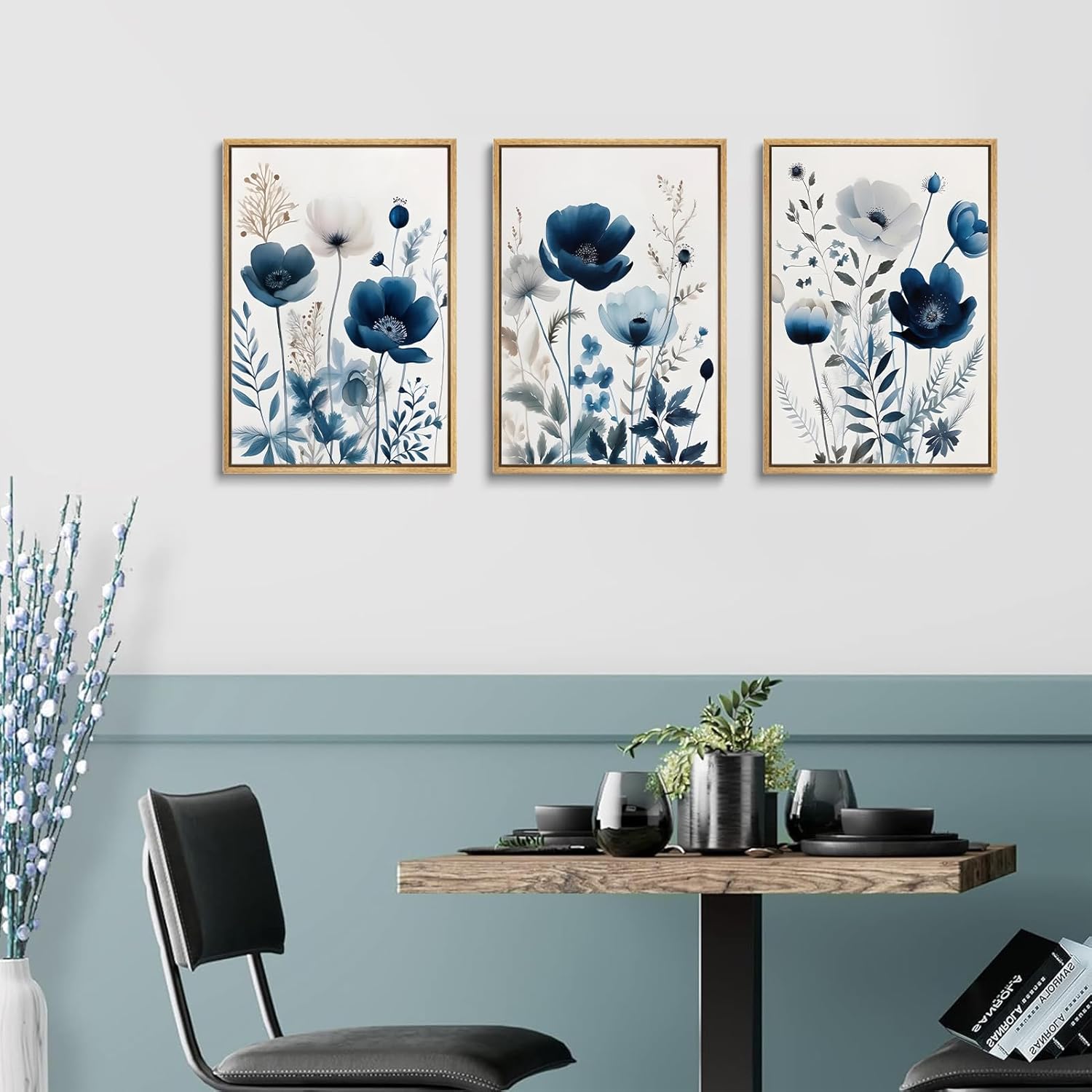 Skiennix 3-Piece Flower Canvas Wall Art - Navy Blue Wildflower Watercolor Prints | Unframed 12x16in Decor