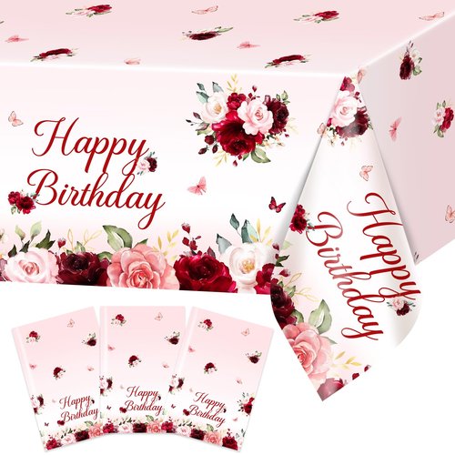 Avezano 3 pcs Burgundy Birthday Tablecloths 108x54 inch Red Pink Floral Birthday Party Decorations Burgundy Rose Bday Table Covers Disposable for Women Girls