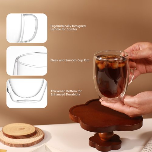 CNGLASS 12oz Double Walled Glass Coffee Mugs(4-pack),Insulated Glass Mugs with Handle,Clear Espresso Cups for Latte,Cappuccino,Tea Bag
