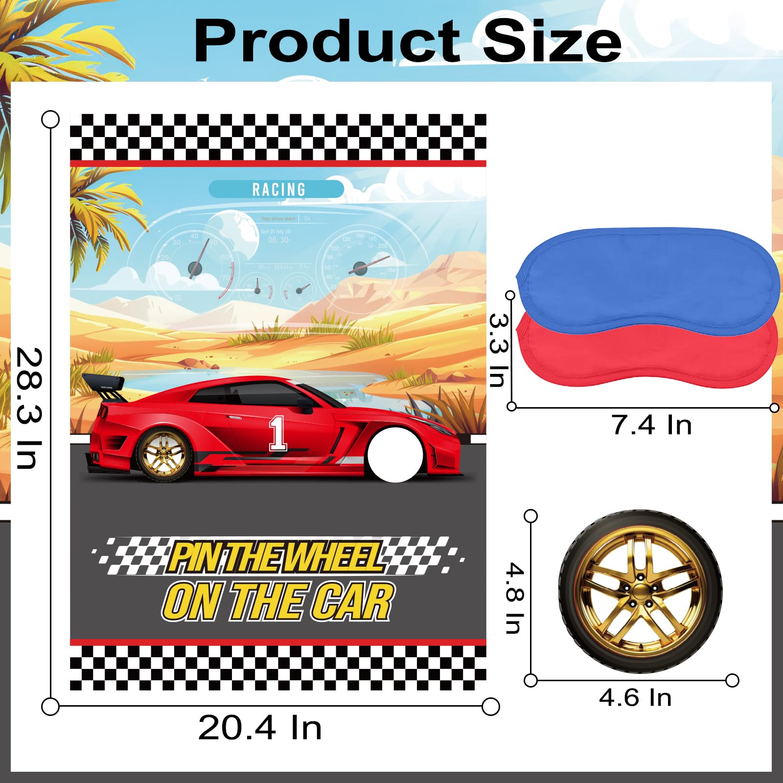 WNINK Pin The Wheels On The Car Games, Cars Party Games, Birthday Game with 30 Gold Tyres Stickers, 2 Blindfolds for Car Theme Birthday Party Racing Car Party Gifts