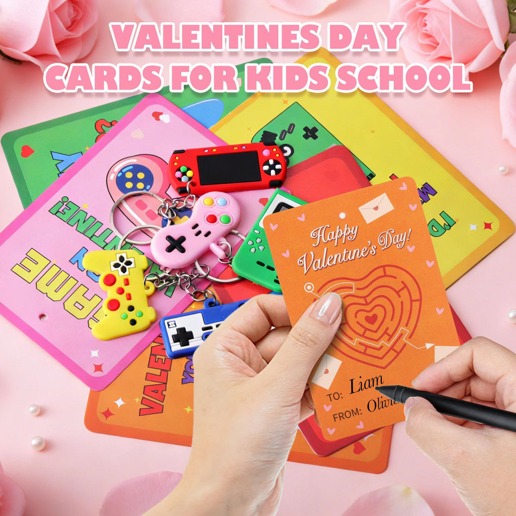 LIANORIST Valentines Day Cards for Kids School, 28 Pcs Video Game Keychains, Valentines Day Gifts for Kids Party Favors, Class Valentines Prizes Treasure Box Gifts Must Haves Treat Goodie Bag Stuffers