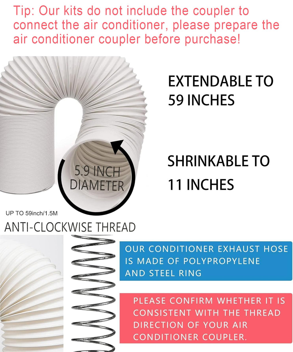 Aukney Portable AC Window Vent Kit, Adjustable Vertical/Horizontal Sliding Window Kit Plate for AC Unit, Seamless Portable AC Window Seal with 5.9 Inch Diameter, 59 Inch Length Exhaust Hose