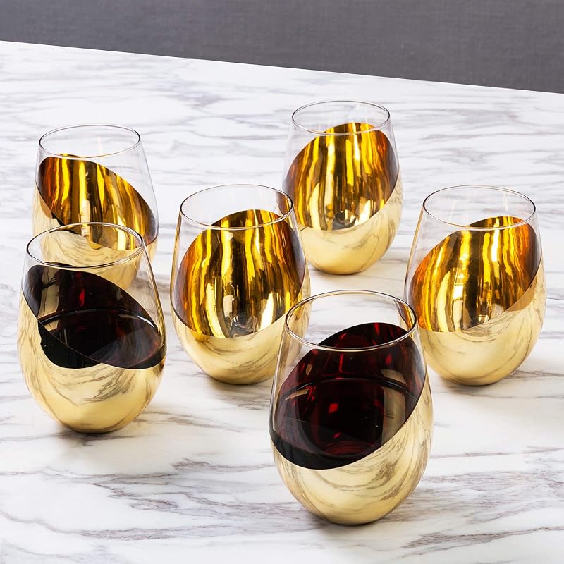MyGift Brass-Plated Stemless Wine Glass Set of 6 - 18 oz, White or Red, Angled Bottom (Variation: Brass-6)
