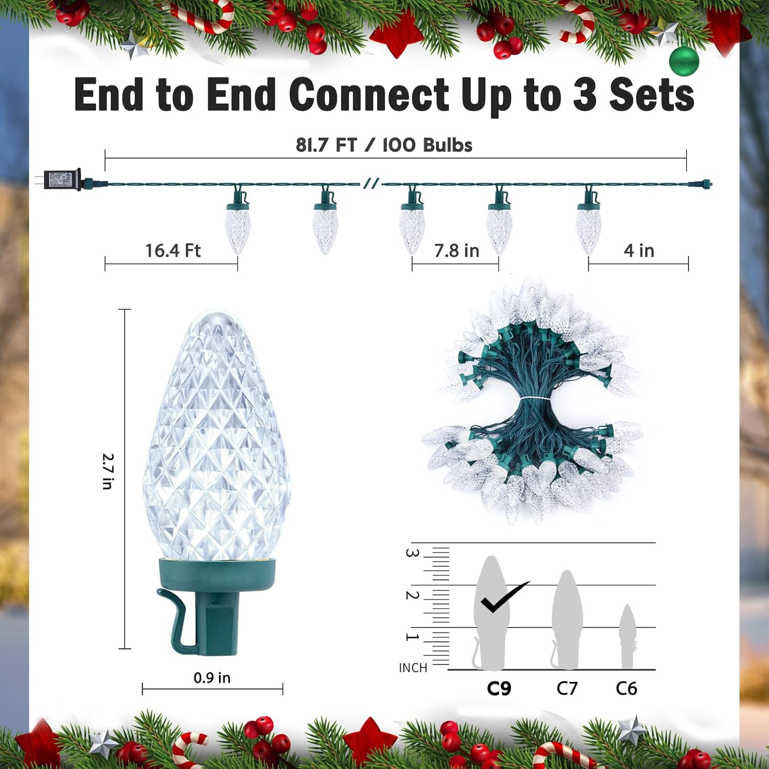 Minetom C9 LED Christmas Lights - 81FT Waterproof String Lights with Timer & 8 Modes | Cool White