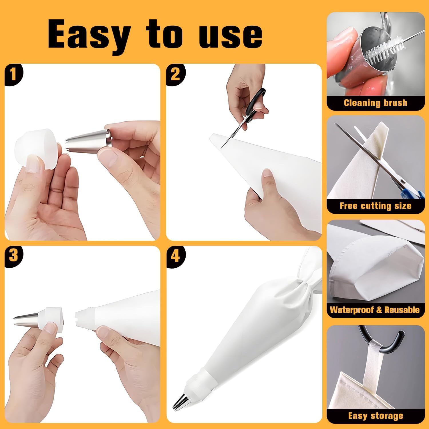 Skiennix 14PCS Reusable Piping Bags Set - 16-Inch Pastry Bags, 7 Tips, Couplers & Cleaning Brush for Cake Decorating