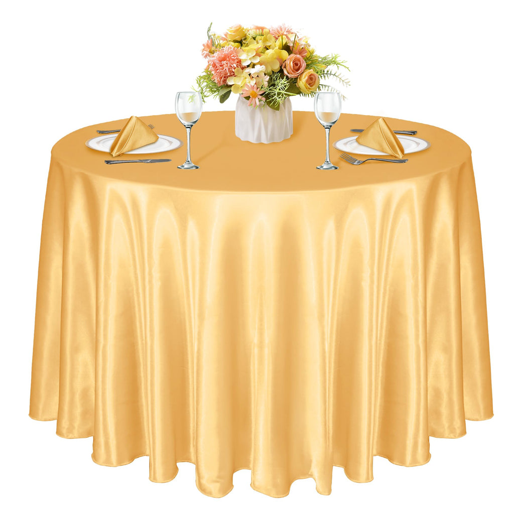 KKJIAF 4 Pack 120 Inch Round Tablecloth Satin Gold Round Table Cover, Silky Satin Dining Table Cloth for Wedding, Party, Banquet, Restaurant, Formal Events