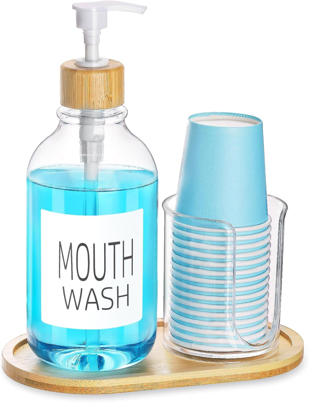 Regine Switzerland Mouthwash Dispenser - 17oz Refillable Clear Pump Bottle with Tray for Bathroom Organization